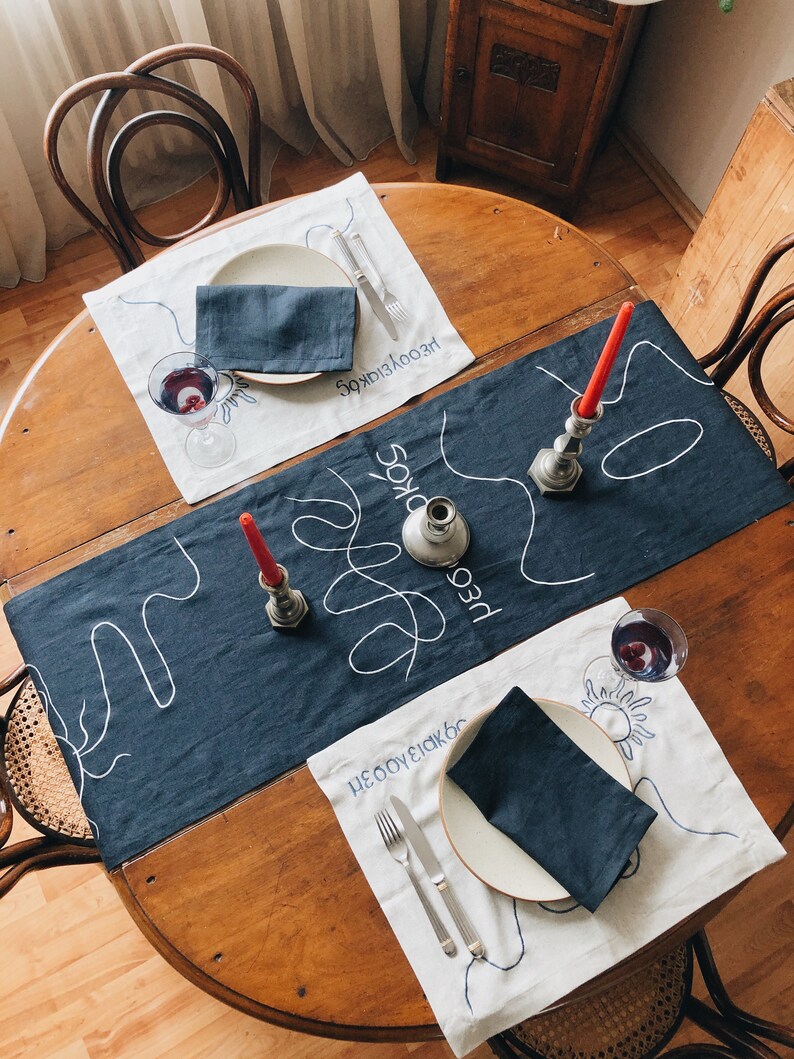 Linen Table Runner MEDITERRANEAN. Navy Deep Blue Natural Linen Tablecloth. Modern Bohemian Embroidered Design Table Cover, Table Centerpiece image 4