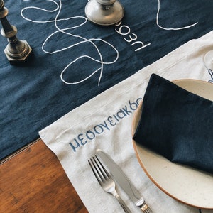 Linen Table Runner MEDITERRANEAN. Navy Deep Blue Natural Linen Tablecloth. Modern Bohemian Embroidered Design Table Cover, Table Centerpiece image 5