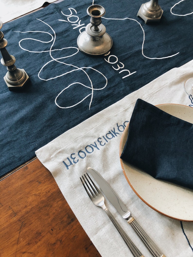 Linen Table Runner MEDITERRANEAN. Navy Deep Blue Natural Linen Tablecloth. Modern Bohemian Embroidered Design Table Cover, Table Centerpiece image 5