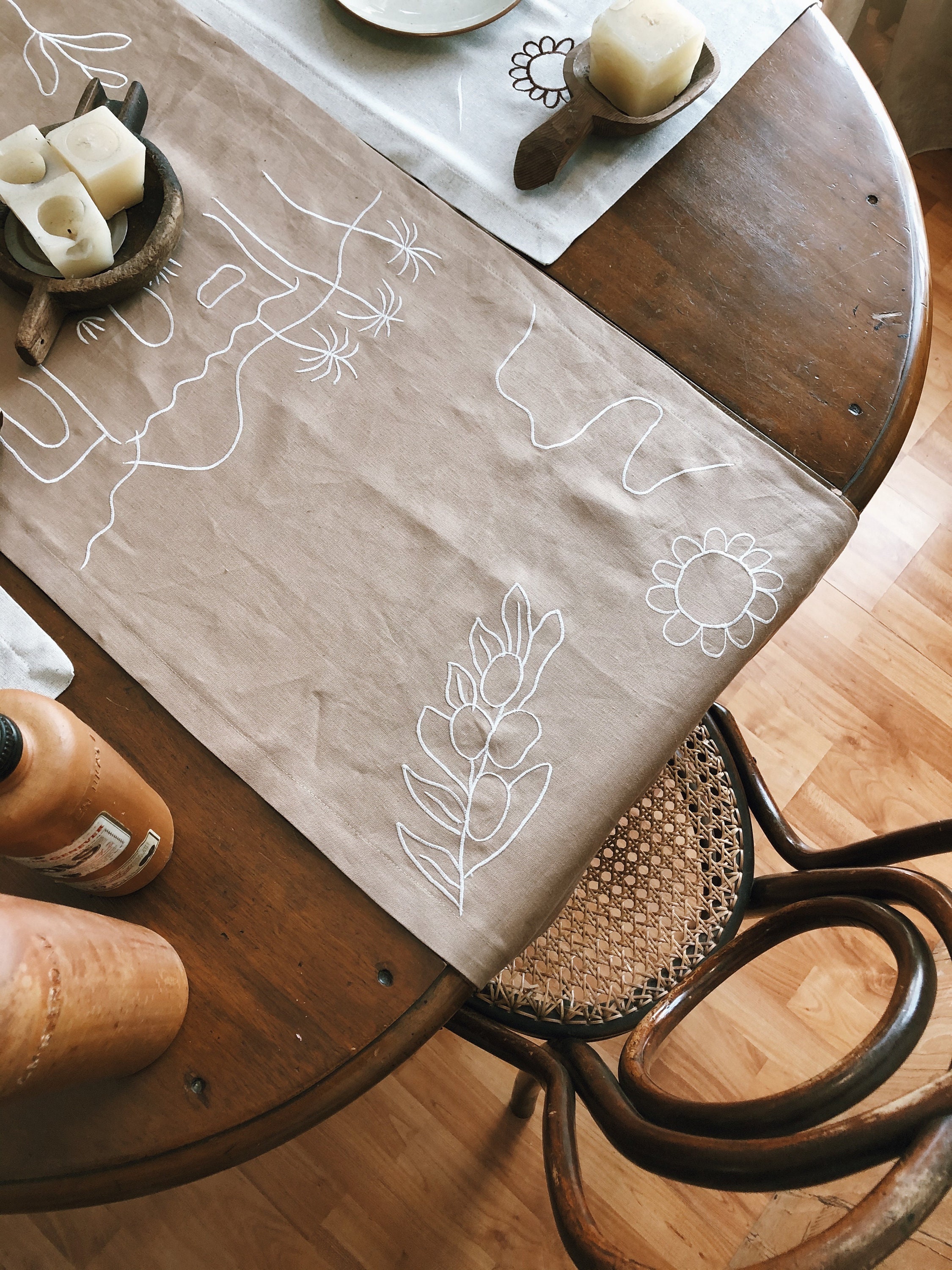 thumbnail image 2 of Cuckoo Home Embroidered Faux Linen Table Runner – Nature Print, Brown, 16x65 Inches 2 of 5