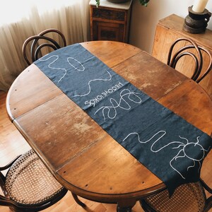 Linen Table Runner MEDITERRANEAN. Navy Deep Blue Natural Linen Tablecloth. Modern Bohemian Embroidered Design Table Cover, Table Centerpiece image 9