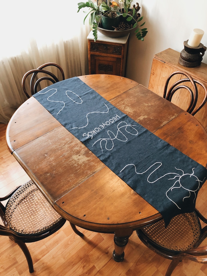 Linen Table Runner MEDITERRANEAN. Navy Deep Blue Natural Linen Tablecloth. Modern Bohemian Embroidered Design Table Cover, Table Centerpiece image 9