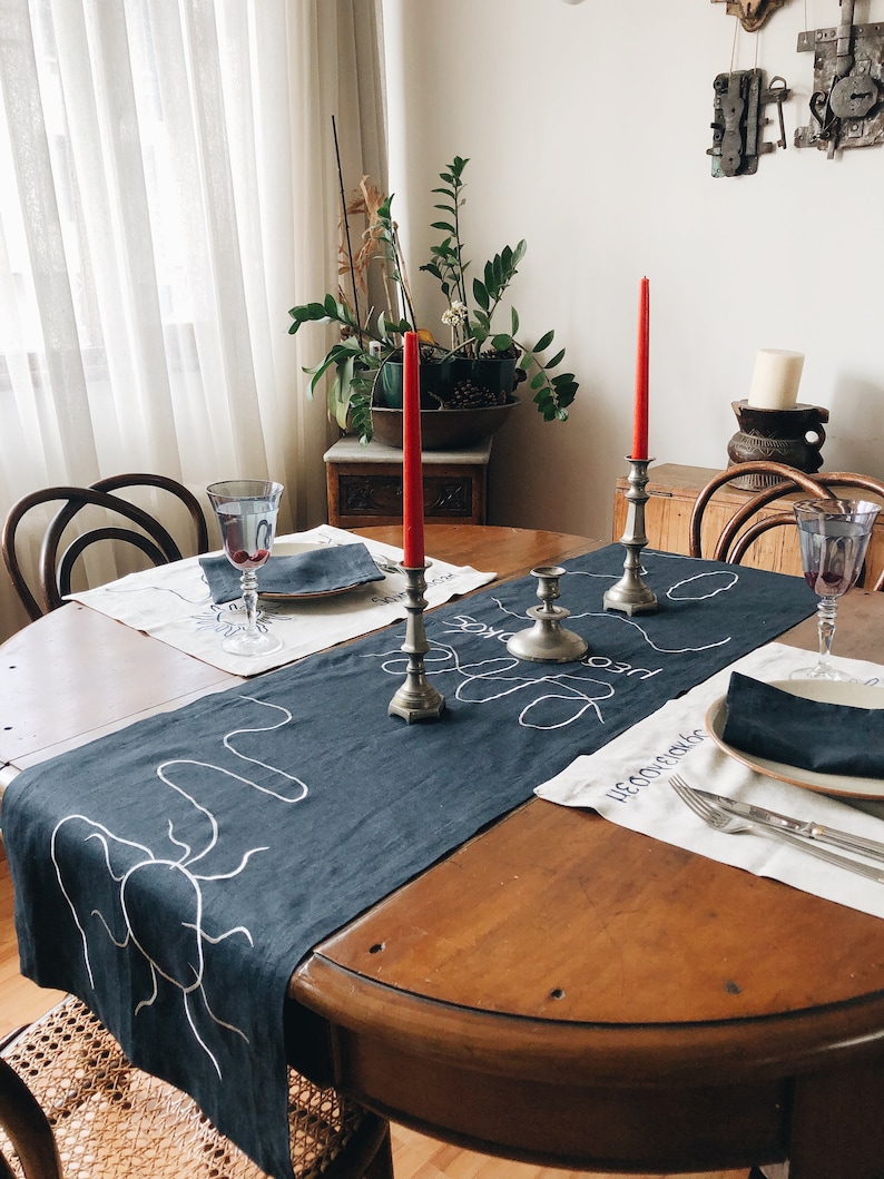 Linen Table Runner MEDITERRANEAN. Navy Deep Blue Natural Linen Tablecloth. Modern Bohemian Embroidered Design Table Cover, Table Centerpiece image 2