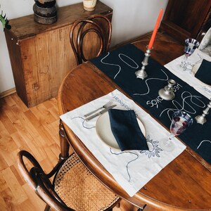 Linen Table Runner MEDITERRANEAN. Navy Deep Blue Natural Linen Tablecloth. Modern Bohemian Embroidered Design Table Cover, Table Centerpiece image 3