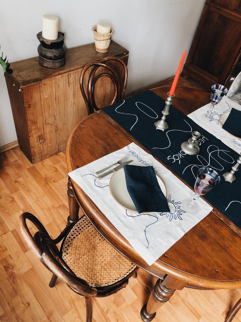 Linen Table Runner MEDITERRANEAN. Navy Deep Blue Natural Linen Tablecloth. Modern Bohemian Embroidered Design Table Cover, Table Centerpiece image 3