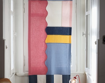Modern Japanese Linen Curtain, Multiple Colors Geometric Window Panel, Pop Art Room Divider, Korean Patchwork Design, Custom Made Curtain