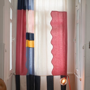 Pink Wavy Design Linen Curtain / Pop Art Sheer Linen Curtain / Modern Curtain Textile Art / Boho Style Drapery / Natural Linen Window Panel