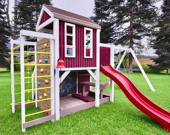 Parque infantil de madera de lujo con casita de juegos, tobogán, columpios, muro de escalada y arenero. Juego de actividades para niños al aire libre. Colores personalizados disponibles.