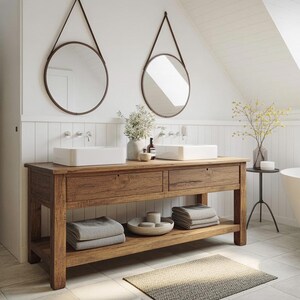 Reclaimed Wood Floating Bathroom Vanity with Drawers – Rustic Farmhouse Double Sink Vanity – Handmade Solid Wood Bathroom Cabinet