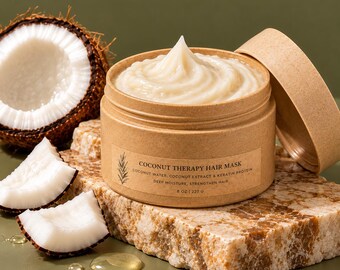 May include: A round tan jar of Coconut Therapy Hair Mask filled with white cream, featuring a label that reads Coconut Therapy Hair Mask, Coconut Water, Coconut Extract & Keratin Protein, Deep Moisture, Strengthen Hair, 8 oz | 227 g, with coconut pieces.