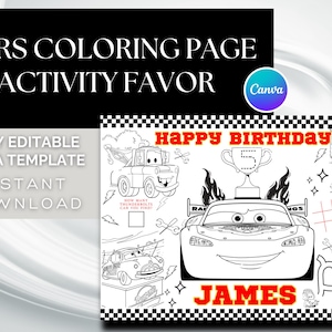 Cars Birthday coloring page | Lightning McQueen Birthday |Coloring page | Cars Lightning McQueen Party favors | Canva | Instant Download