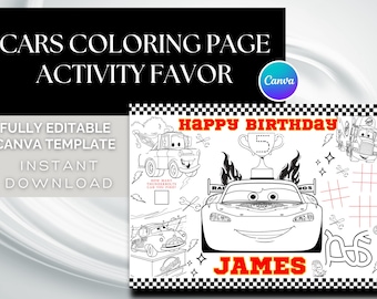 Cars Birthday coloring page | Lightning McQueen Birthday |Coloring page | Cars Lightning McQueen Party favors | Canva | Instant Download