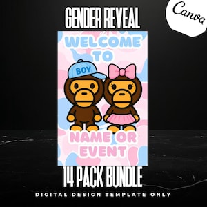 Puede incluir: Una plantilla de diseño digital para revelación de género con dos monos de dibujos animados marrones sobre un fondo de camuflaje rosa y azul. El texto dice GENDER REVEAL, WELCOME TO, BOY, NAME OR EVENT y 14 PACK BUNDLE. El mono izquierdo lleva una gorra azul, el derecho un lazo y falda rosa.