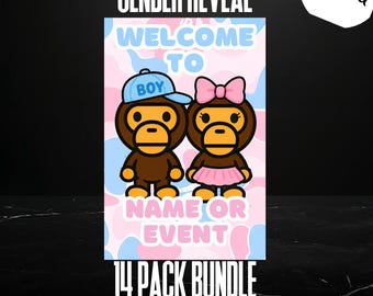 Upominki na imprezę Baby Milo | Bape | Ujawnienie płci | Edytowalny projekt Canva | Tło | Baby Ape