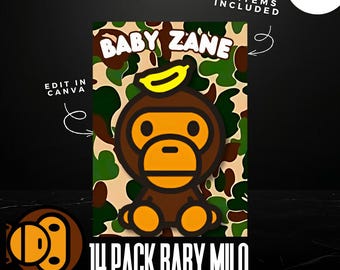 Upominki na imprezę Baby Milo | Bape | Torebka na chipsy | Pudełka Gable | Army | Edytowalny projekt Canva