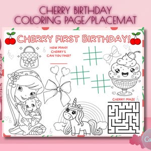 Kirsch Geburtstag Thema, Coquette Thema, Malseite, Tischset, Canva, digitaler Download, Kindergeburtstag