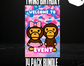 Upominki na przyjęcie Baby Milo | Bape | Tło | Edytowalny projekt Canva | Urodziny bliźniaków | Ujawnienie płci