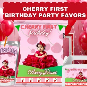 May include: Cherry First Birthday party favors with a red, white, and green color scheme. The favors include Capri Sun juice boxes with a personalized label featuring a girl in a red dress and the text "Avery Davis" and a white box with a personalized label featuring a girl in a red dress and the text "Avery Davis".