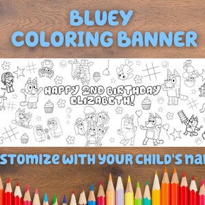 Giant CUSTOMIZABLE &quot;Bluey&quot; Coloring Banner | 6 Feet Long | 24&quot; x 72&quot; inches | Huge Table Covering to Color | Birthday Table Banner