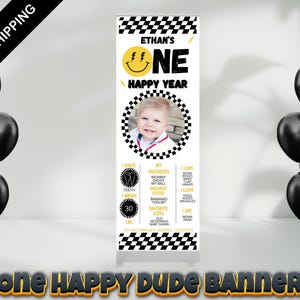 One Happy Dude First Birthday Banner,Cool Boy Photo 1st Birthday,Yellow Happy Smile Face Party,Retractable Banner, One Happy Year