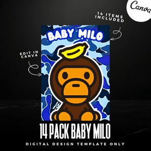 Blue Baby Milo Party Favors, bape, chip bag,  gable boxes, pringle, canva editable design