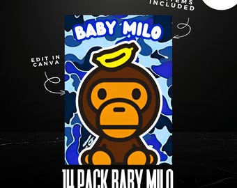 Upominki na imprezę Blue Baby Milo, Bape, paczka chipsów, pudełka Gable, Pringle, edytowalny projekt Canva
