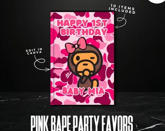 Różowe upominki na imprezę Baby Milo, Bape, paczka chipsów, pudełka Gable, Pringle, edytowalny projekt Canva