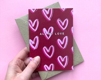 All My Love Card, Card for Valentine, Love Heart Pattern, Card for Girlfriend, Card for Boyfriend, Love You, Pink Red Card, Pretty Valentine