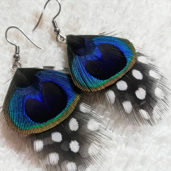 Boucles d'oreilles acier inoxyable et plumes de Pintade