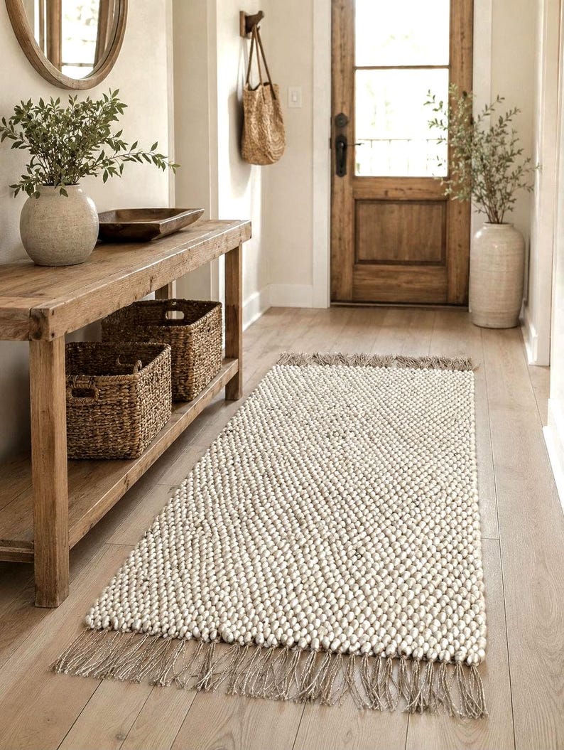 A rectangular runner rug featuring a thick, cream-colored chunky  texture with a prominent braided weave pattern. The rug is finished with long, thin, natural-toned jute fringe tassels along both of the shorter horizontal edges.