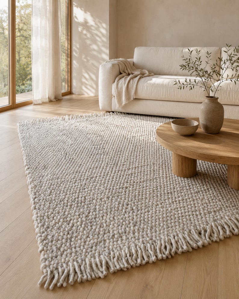 Handwoven chunky wool rug made from undyed natural wool in a bright Scandinavian living room with warm oak flooring, a cream linen sofa, a solid oak coffee table and soft natural sunlight. The thick textured rug features an organic loop weave and hand-twisted fringe, creating a warm, timeless Japandi aesthetic.