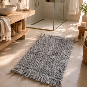 Handgeweven badmat van natuurlijke wol, aangepast formaat grijs badkamertapijt, wasbaar, Scandinavisch decor