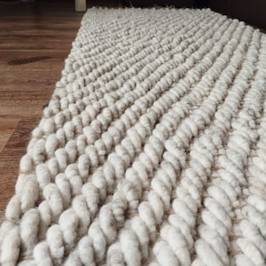 Chunky Wool Jute Runner Rug 60x150 cm, Handwoven Natural Bedroom Runner, Soft Neutral Scandinavian Carpet