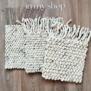Three handwoven wool rug samples in natural undyed tones, shown side by side to compare texture and thickness, with the text overlay “Samples available in my shop”.