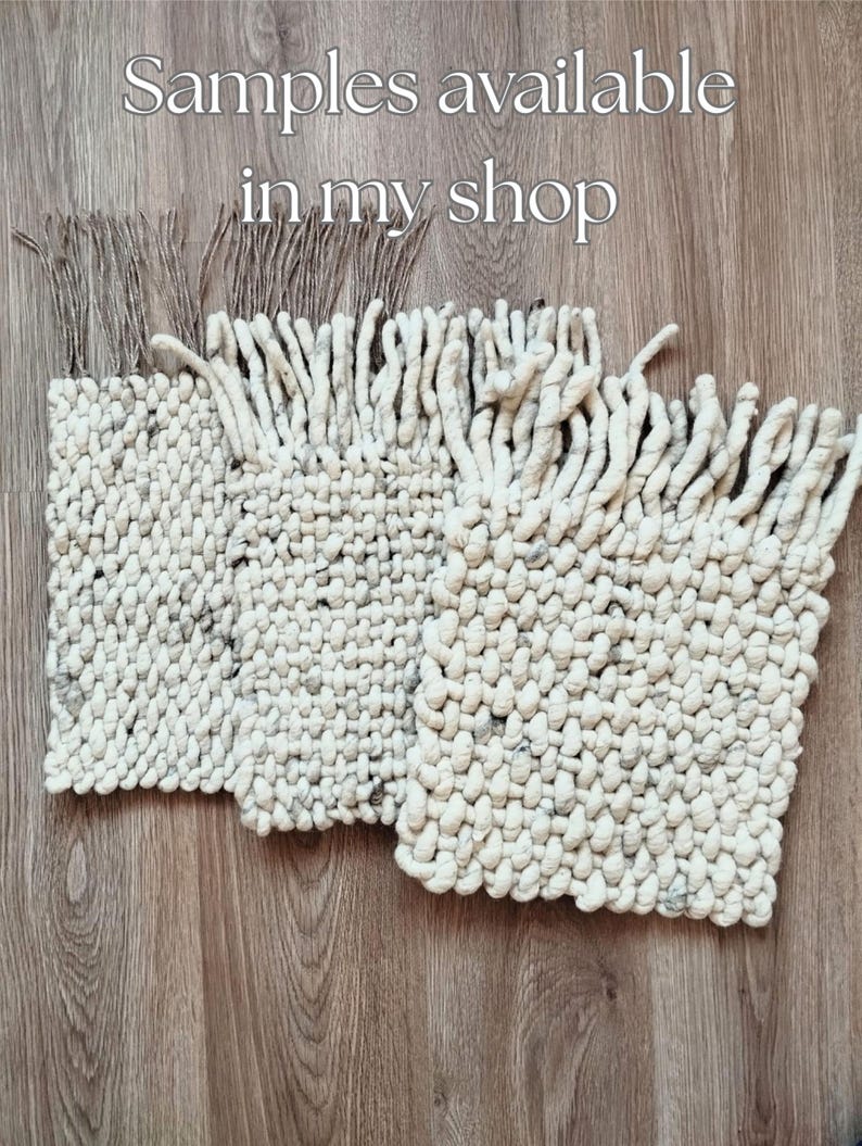 Three handwoven wool rug samples in natural undyed tones, shown side by side to compare texture and thickness, with the text overlay “Samples available in my shop”.
