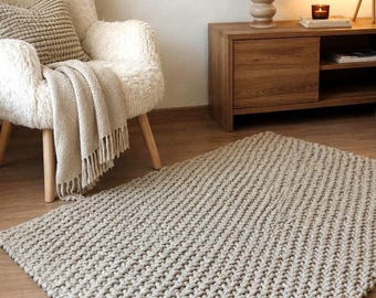 Handwoven Chunky Wool Rug, Natural Beige Textured Carpet, Nordic Hygge Living Room Decor