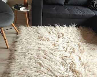 Flokati Wool Rug 160x200 cm | Handwoven Long Pile Shaggy Carpet, Undyed Ivory Nordic Decor