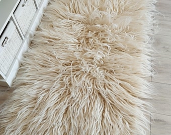 Natural Wool Flokati Rug Runner, Long Pile Shaggy Carpet, Handwoven Scandinavian Boho Decor