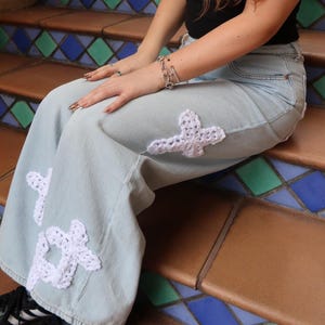 Jeans Patchwork Cross Appliqué Baggy Jeans Streetwear Women’s Jeans Trendy Chrome Hearts Inspired Jeans
