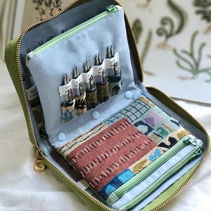K&ouml;nnte beinhalten: Ein salbeigr&uuml;nes Etui mit Rei&szlig;verschluss und hellblauem Innenorganizer. Der Organizer verf&uuml;gt &uuml;ber mehrere F&auml;cher f&uuml;r Stricknadelspitzen aus Metall, eine gemusterte Stofftasche darunter und ein separates Rei&szlig;verschlussfach.