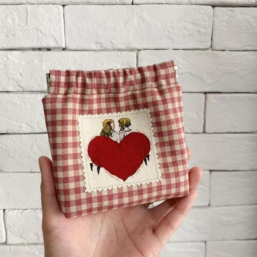 Handmade Gingham Snap Pouch: Embroidered Retro Kiss, Red & White