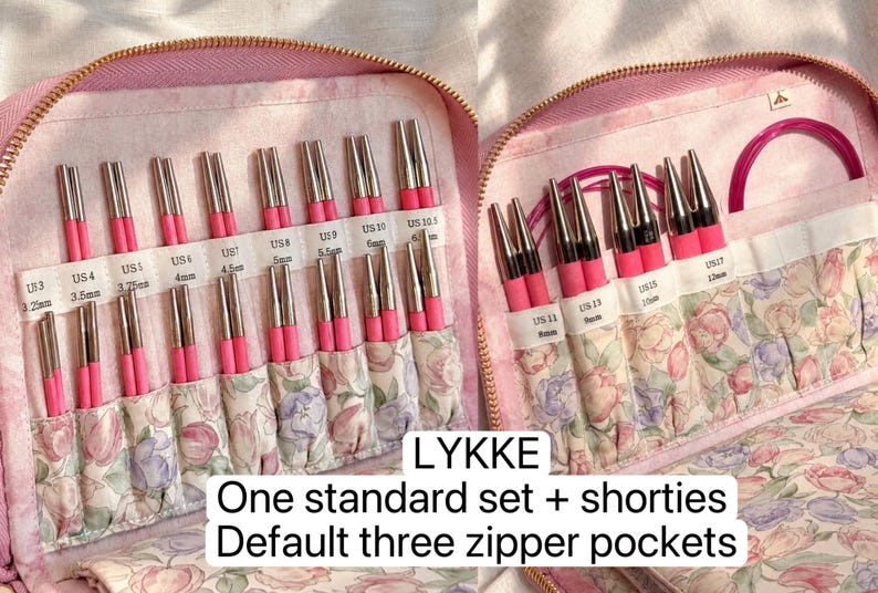 K&ouml;nnte beinhalten: Ein rosa Etui mit Rei&szlig;verschluss enth&auml;lt eine Sammlung von Lykke-Stricknadeln mit Metallspitzen und rosa Basen. Das Innere verf&uuml;gt &uuml;ber Taschen aus Blumenstoff, die mit metrischen Gr&ouml;&szlig;en von 3,25mm bis 12mm beschriftet sind.