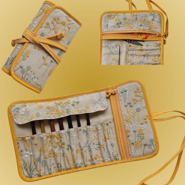 Embroidered Wildflower Crochet Hook Roll Case: Handmade Cotton-Linen Organizer