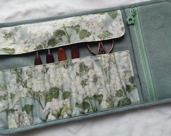 Handmade Floral Crochet Hook Case: Hydrangea Forest Green Organizer