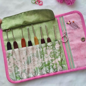 Crochet Hook Storage Bag: Green & Pink Jacquard Roll with Pearl Button