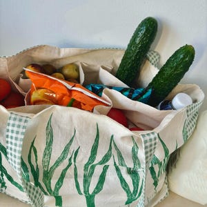 May include: A canvas tote bag filled with groceries. The bag has a green and white checkered pattern on the trim and handles, and a green plant design. Inside are cucumbers, tomatoes, potatoes, and snacks.
