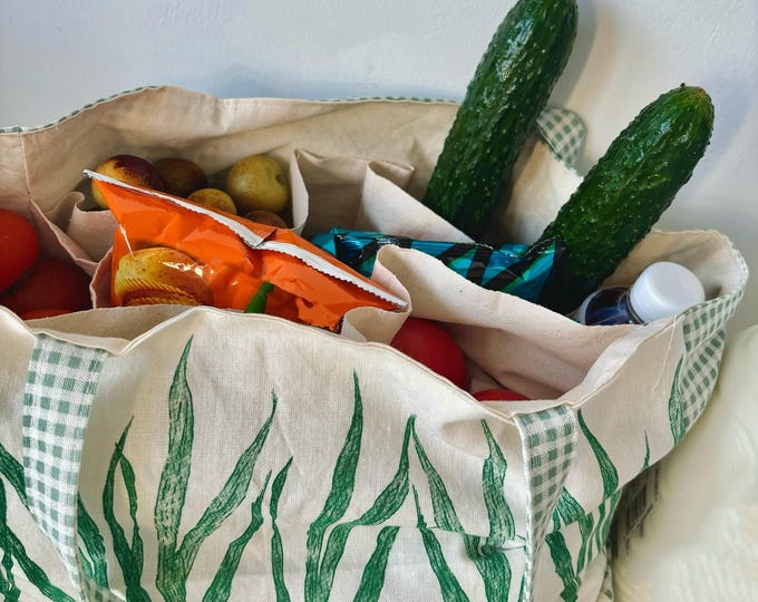 Farmers Market Green Onion Tote – Canvas Grocery Bag with 6 Pockets