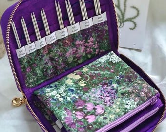 Estuche para agujas de tejer intercambiables hecho a mano Purple Garden / Regalo para tejedores