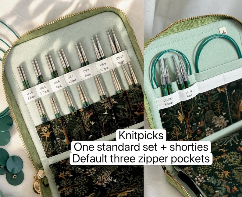 K&ouml;nnte beinhalten: Ein salbeigr&uuml;nes Etui mit Rei&szlig;verschluss enth&auml;lt eine Sammlung austauschbarer Stricknadeln mit Metallspitzen und dunkelgr&uuml;n gemusterten Sch&auml;ften. Das Etui verf&uuml;gt &uuml;ber beschriftete F&auml;cher f&uuml;r die Gr&ouml;&szlig;en US 4 bis US 11. Text: Knitpicks One standard set + shorties Default three zipper pockets.