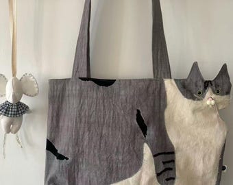 Blue Grey Cat Custom Embroidered Cat Tote Bag: Organic Cotton